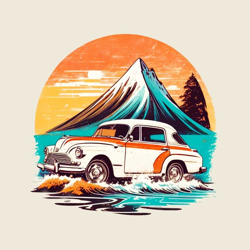 Vintage - Strandblick mit altem Auto