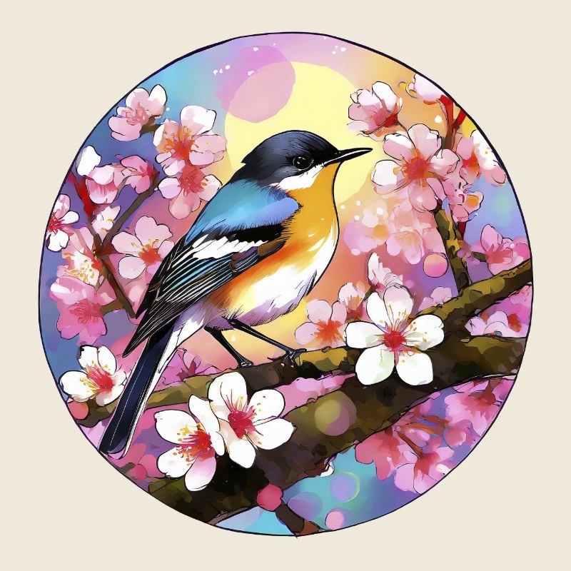 Oiseau coloré sur une branche de cerisier en fleurs