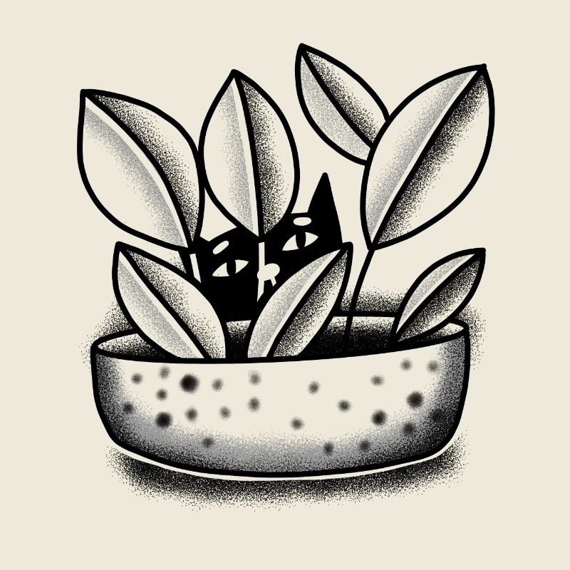 Flat cute Cat hiding in a Pot Plant