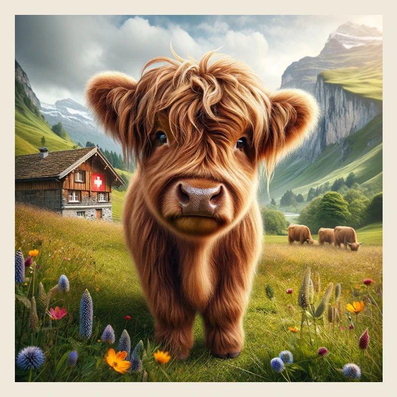 Vache Highland dans un décor suisse