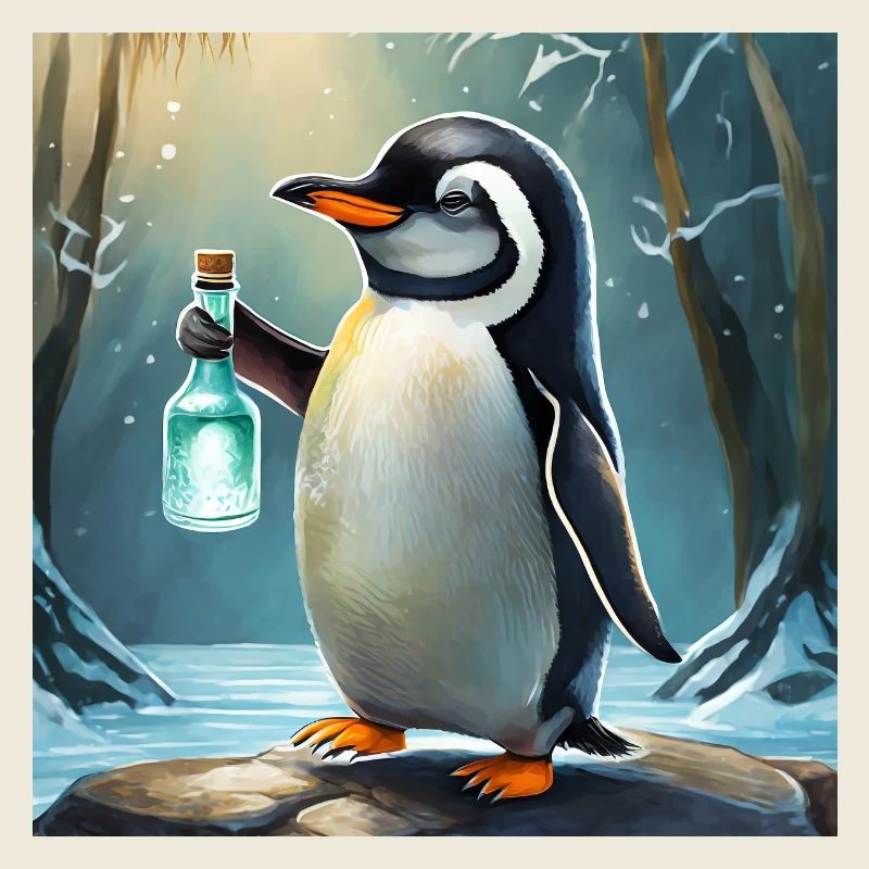 Pinguin mit einer Gin-Tonic-Flasche in der Hand
