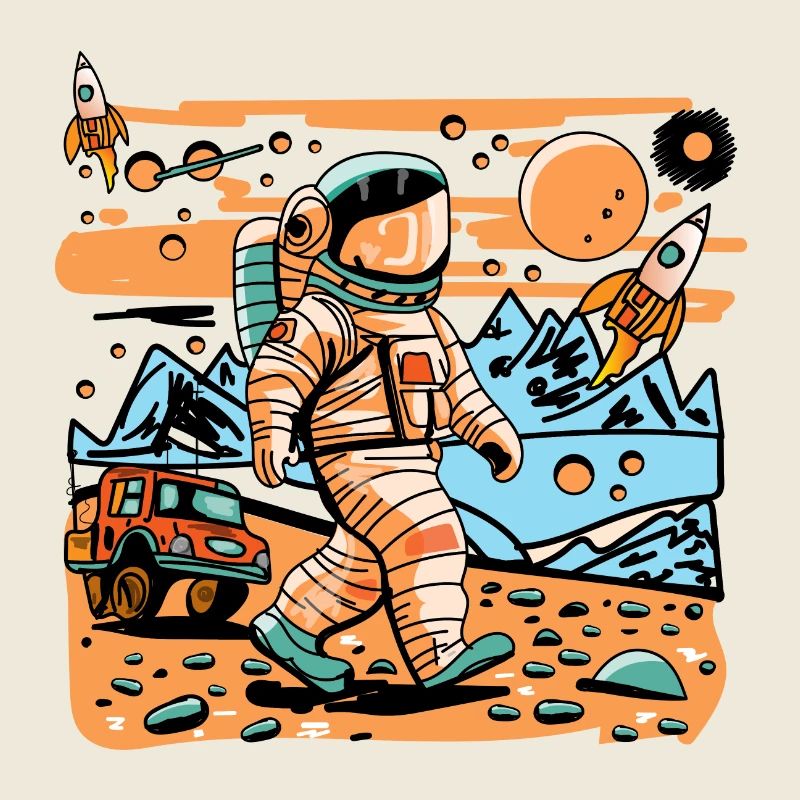 Astronaute de l’espace marchant dans une planète extraterrestre et une fusée