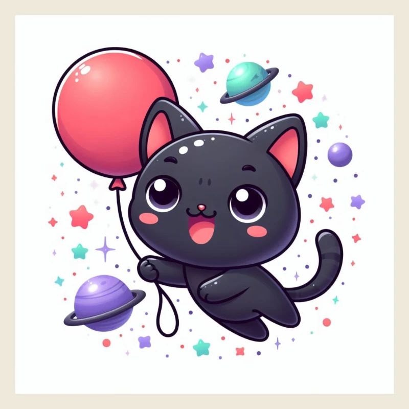 Cute Space Cat with Big Eyes and Balloon