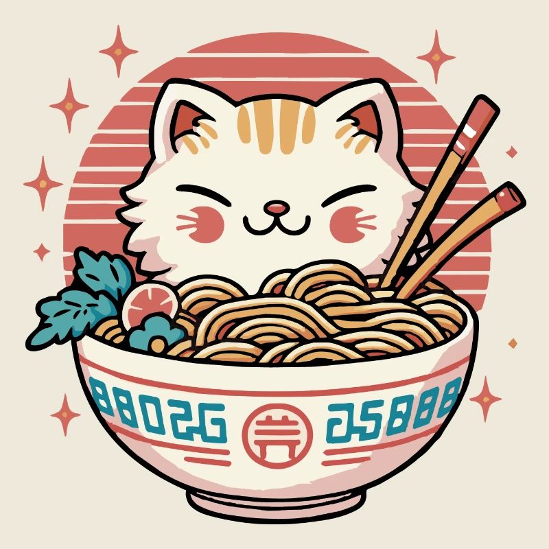 Chat Kawaii Mignon mangeant des Ramen - 1