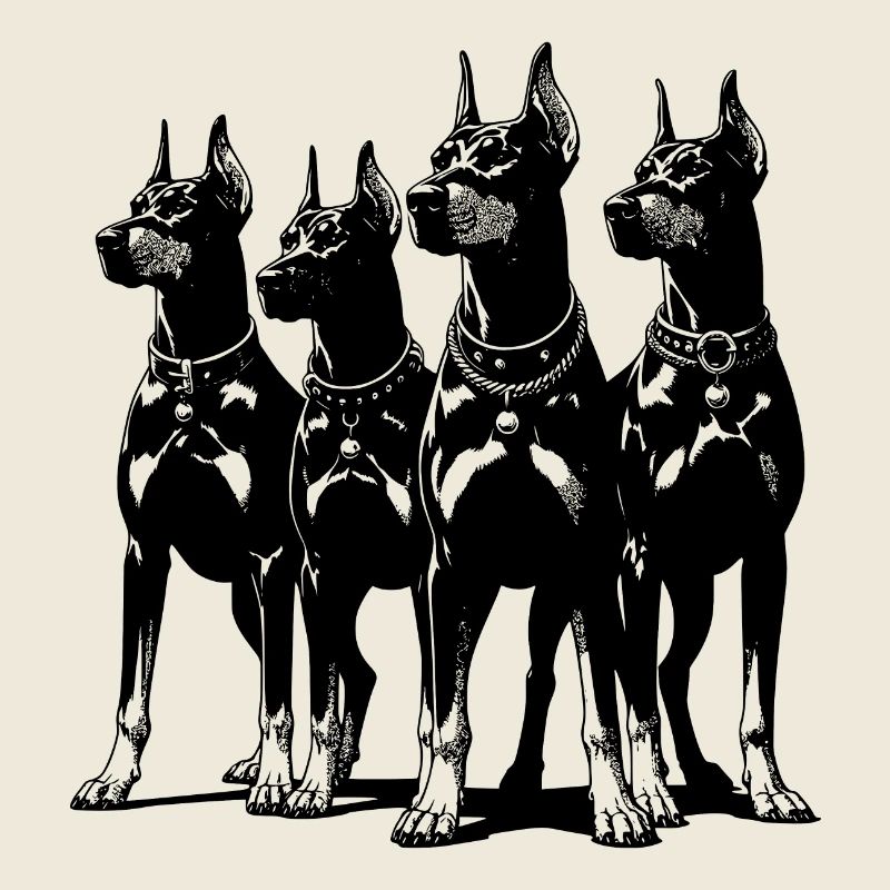 Vier schlaue wachsame Dobermänner Hunde