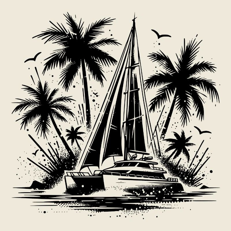 Palmiers avec catamaran à voile double coque