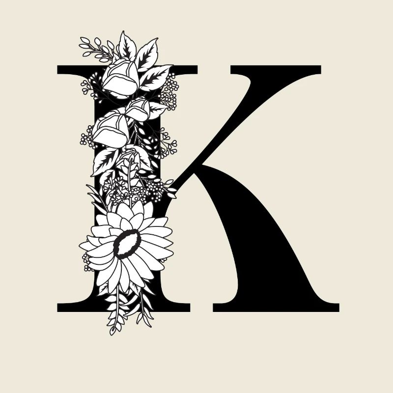 Lettre k floral noir et blanc