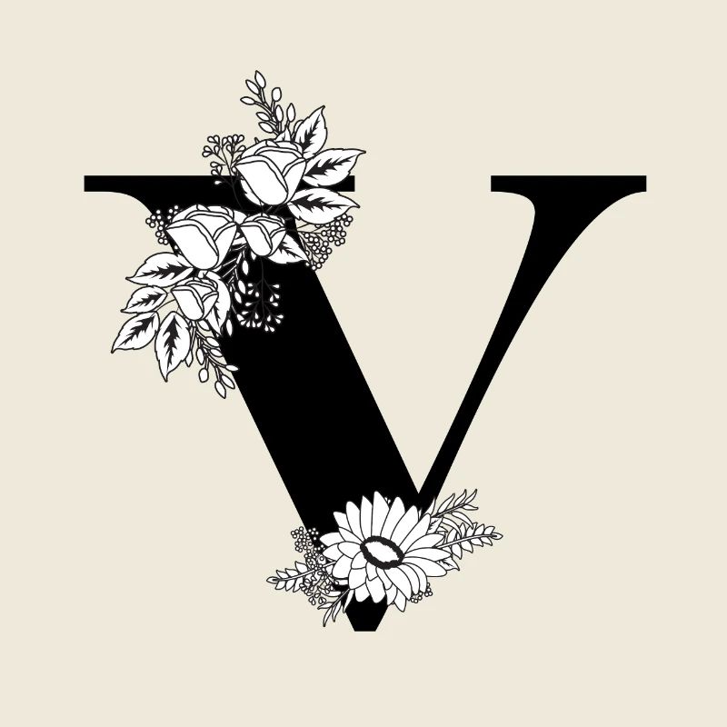 Lettre v floral noir et blanc