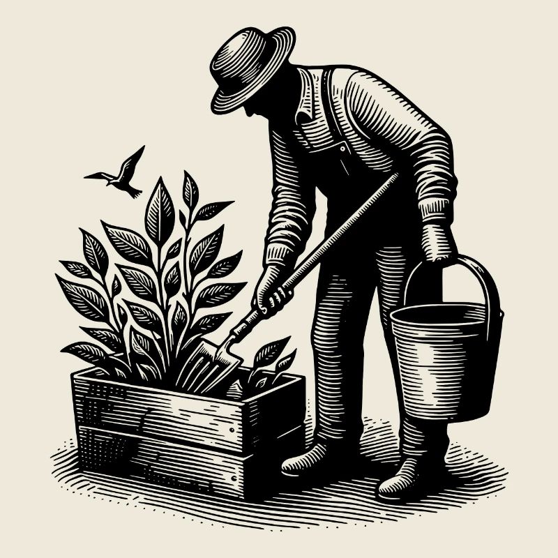 Gärtner bei Gartenarbeit im Hochbeet