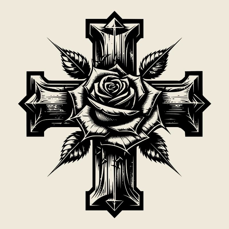 Rose mit Dornen auf einem Kreuz