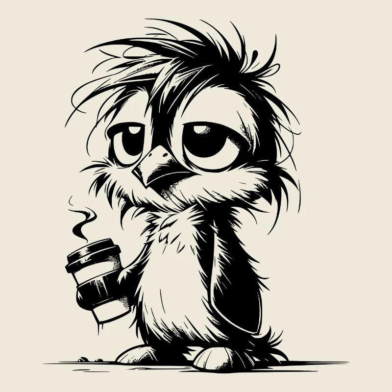 Pingouin fatigué ébouriffé avec tasse à café