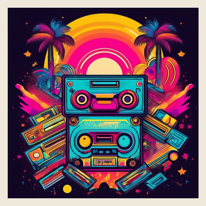 Retro Cassette Tapes Neon Sunset Art