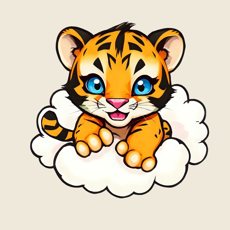 Whimsical Tiger Cub on Clouds, Blue Eye Cartoon