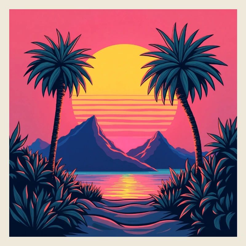 A vibrant retro 80s inspired sunset
