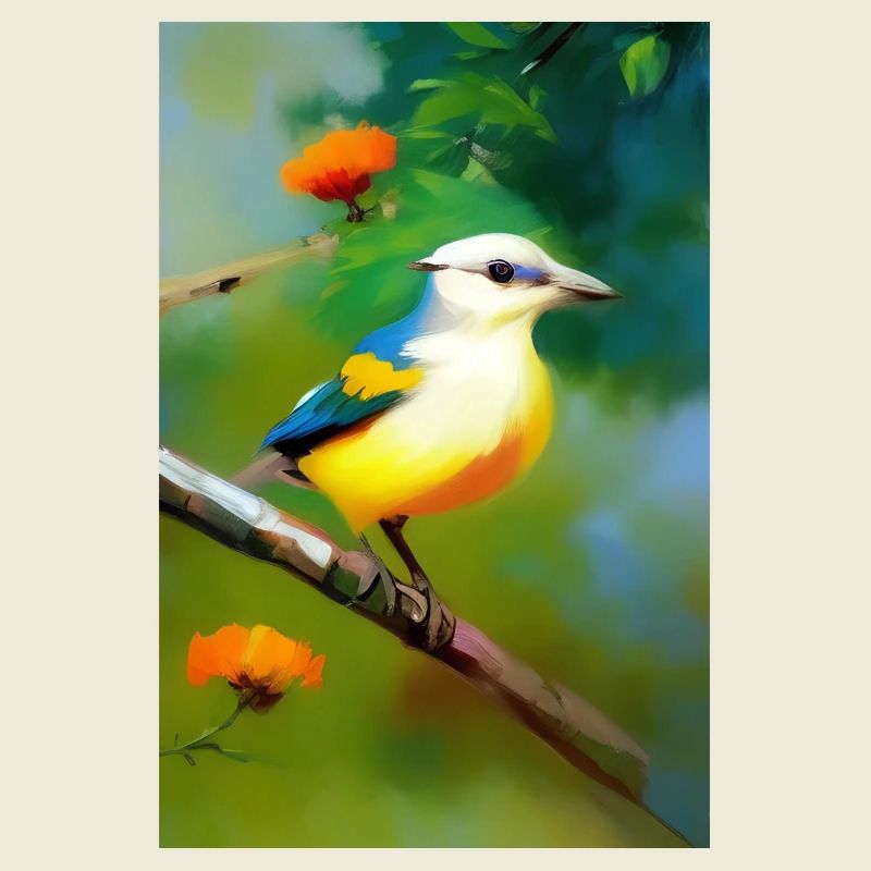 Oiseau sur branche avec fleurs