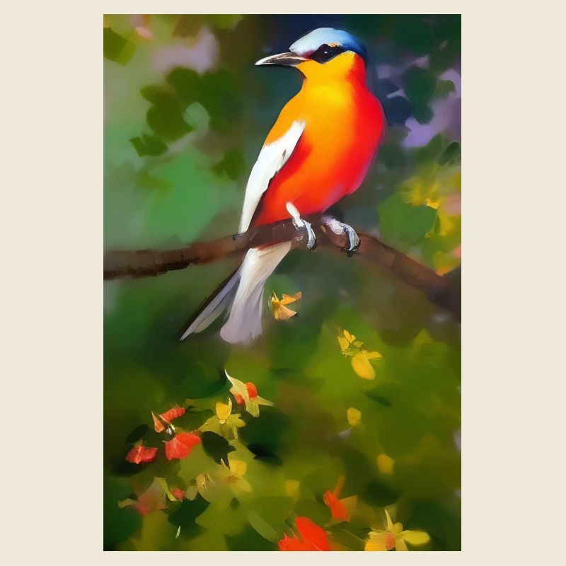 Vogel auf Ast mit bunten Blüten