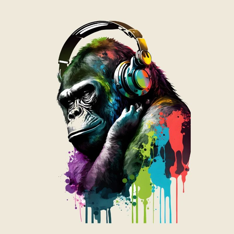 Gorilla mit Kopfhörern