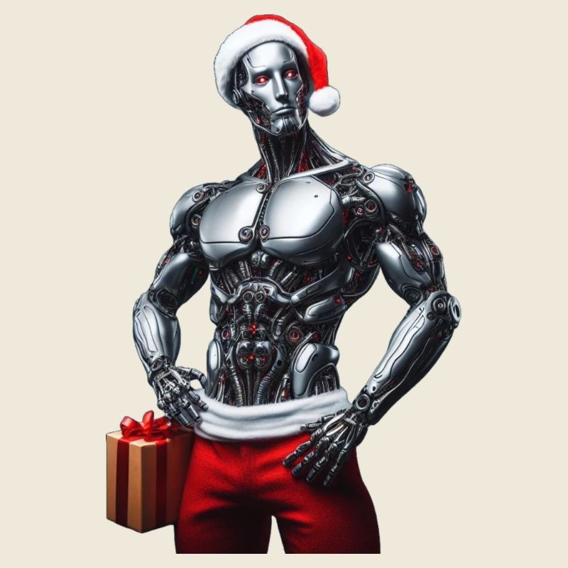 Cyber-robot mit Weihnachtsmütze und Geschenk