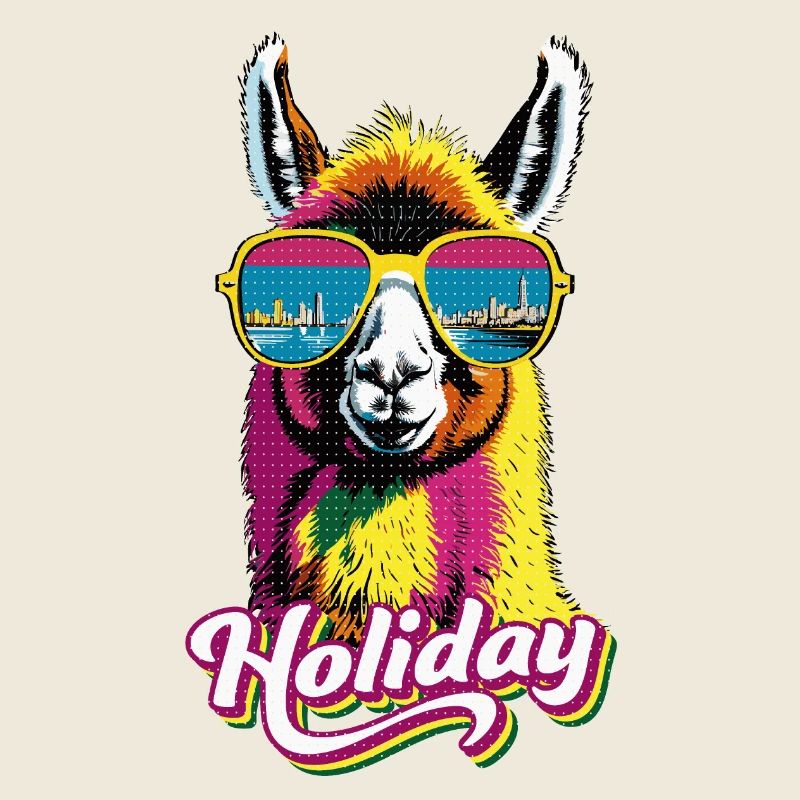 Llama Vacation: City Skyline & Sea Reflection
