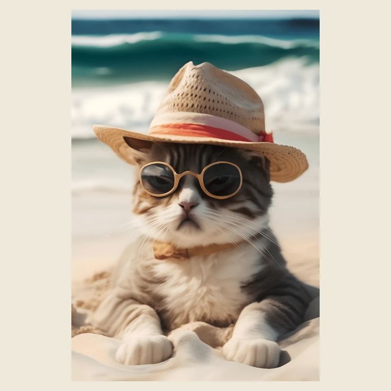 Coole Katze am Strand mit Sonnenbrille und Hut