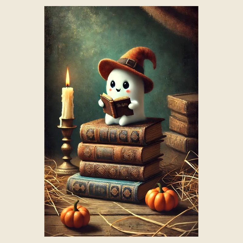 Reading Halloween ghost with a witch hat