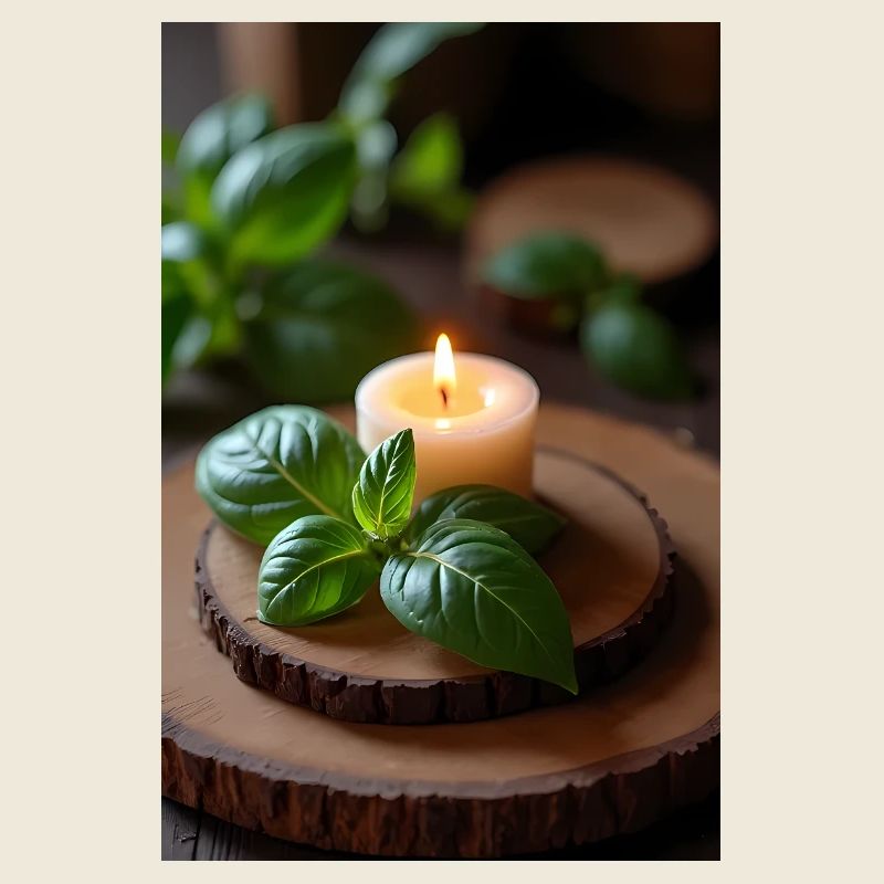 Burning candle with basil on rustic wood