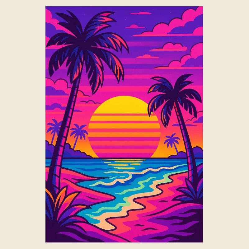 Retro-80er-Neon-Strand-Synthwave-Art