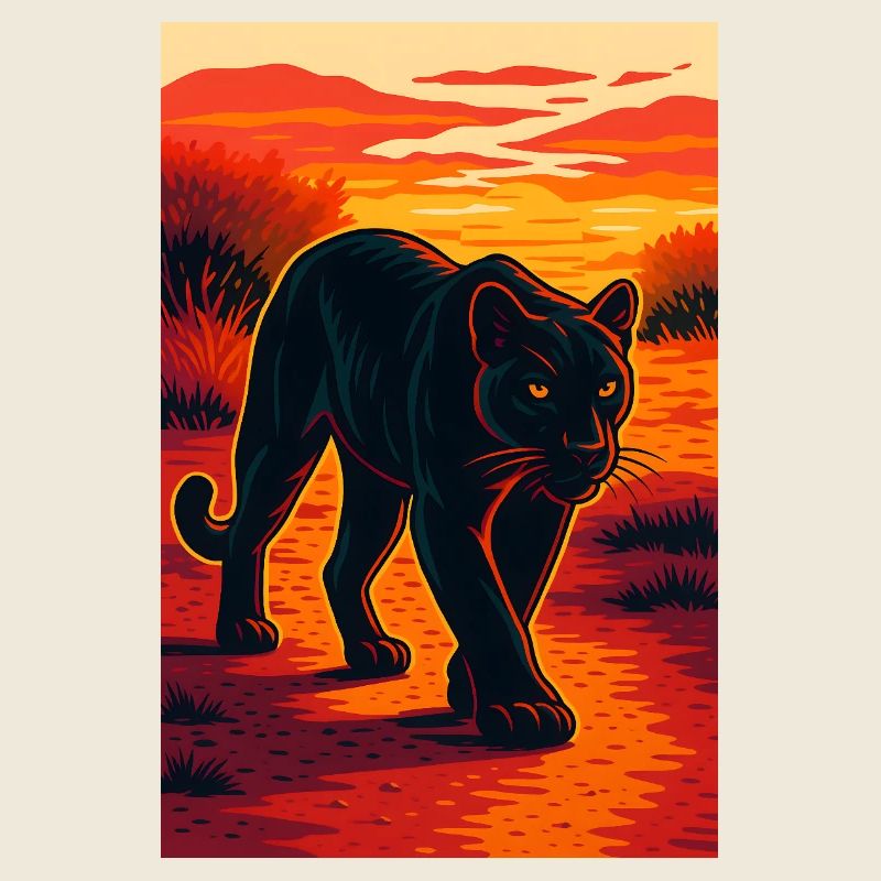 Sunset Black Jaguar Panther Illustration