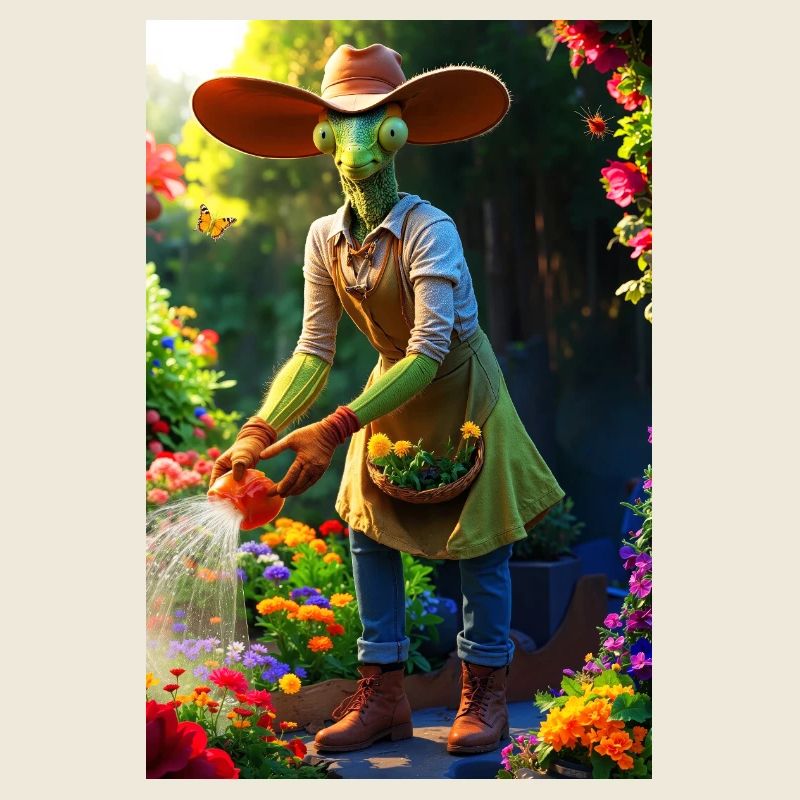 Humanoide Gartenmantis mit Scheunenhut