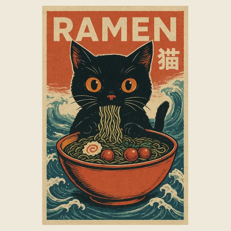 Ramen Cat Retro Poster