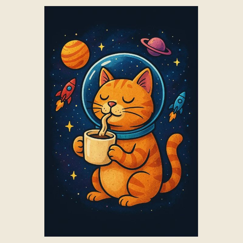 Chat en combinaison spatiale buvant du café