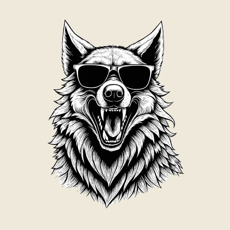 lachender Wolf mit Sonnenbrille