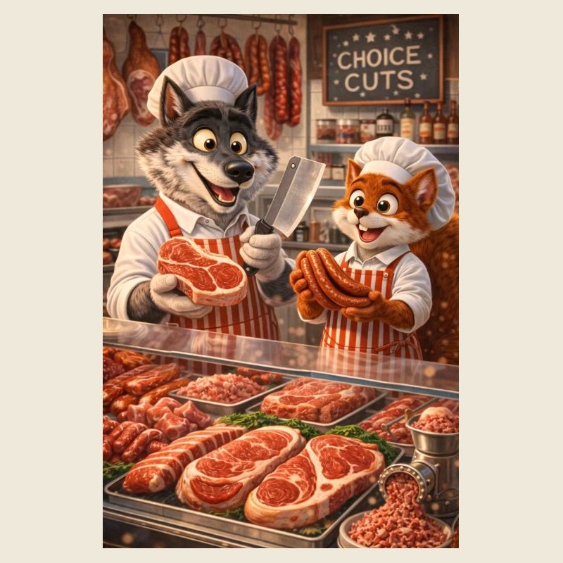 Herr Wolf und Herr Eichhörnchen in einer Metzgerei