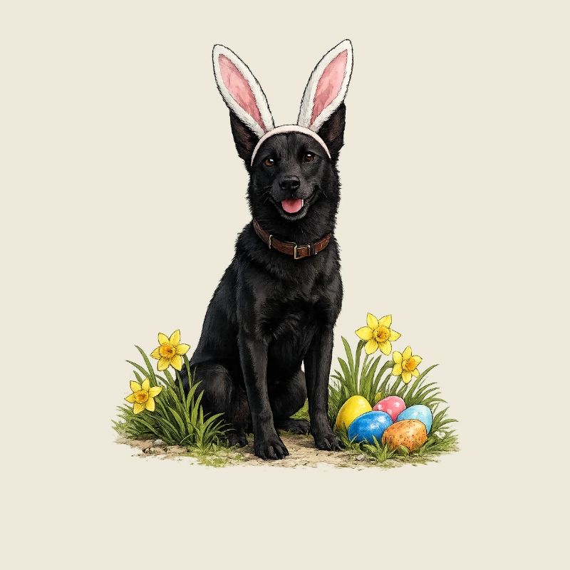 Chien de Pâques avec des oreilles de lapin et des œufs