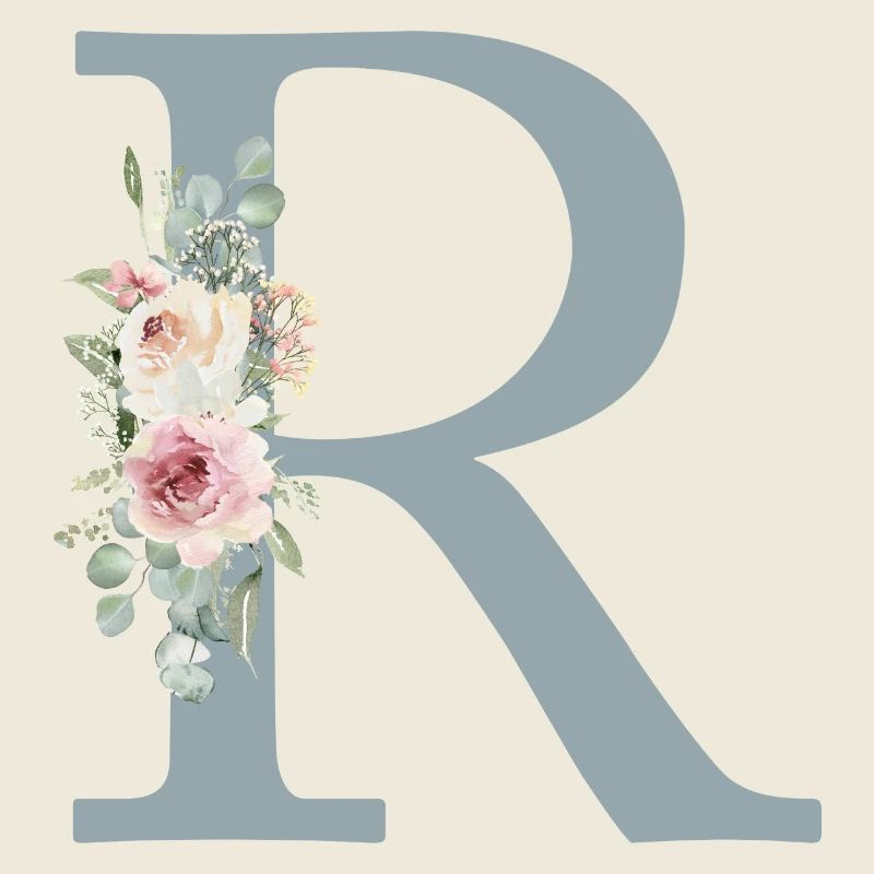 R| Monogramm | Eukalyptus-Pastell-Blumen-Blau