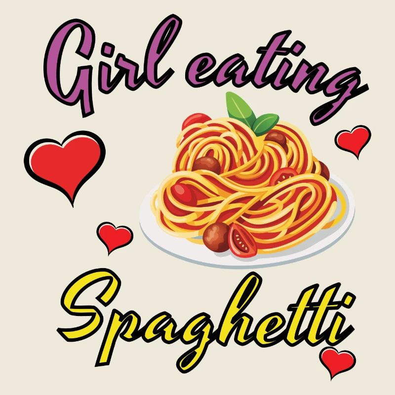 Fille mangeant des spaghettis, design drôle