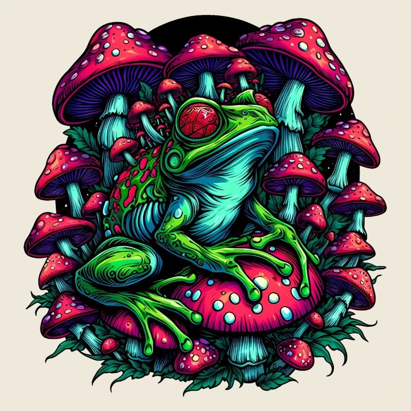 Psychedelic frog with mushrooms