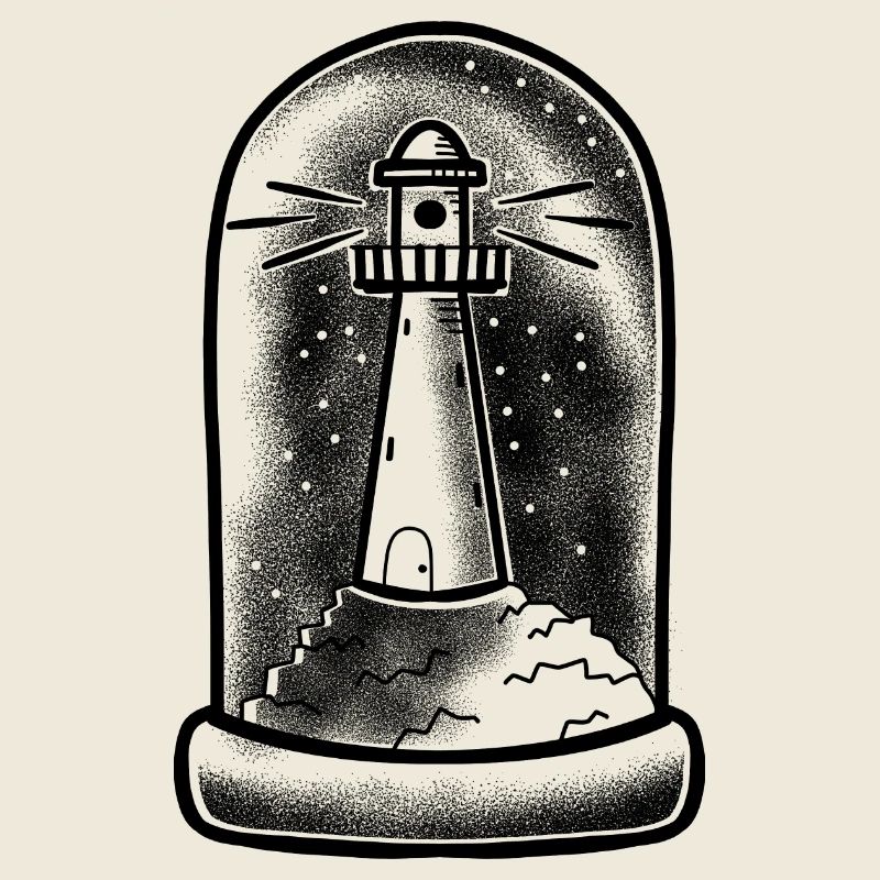 Phare de style tatouage dans un grand dôme de verre