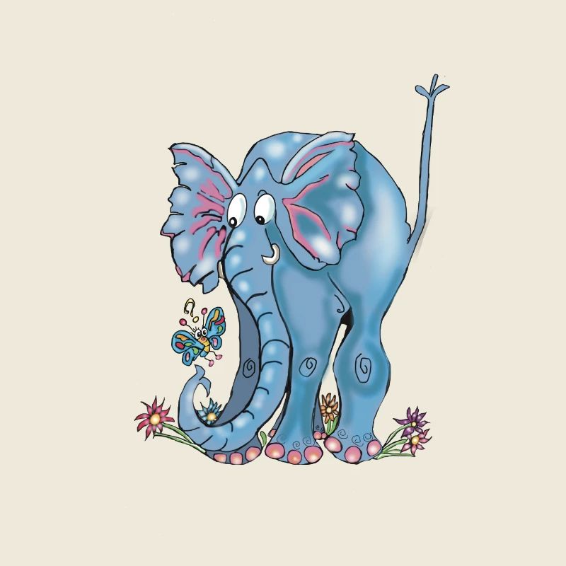 Verspielter blauer Elefant und Schmetterlinge