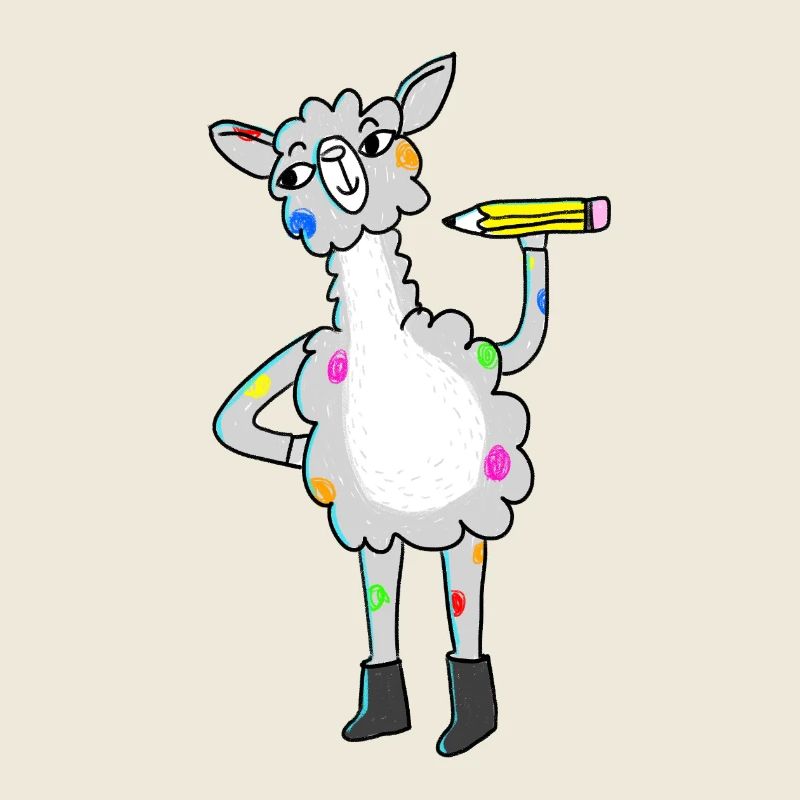 Lama avec des points colorés et un crayon