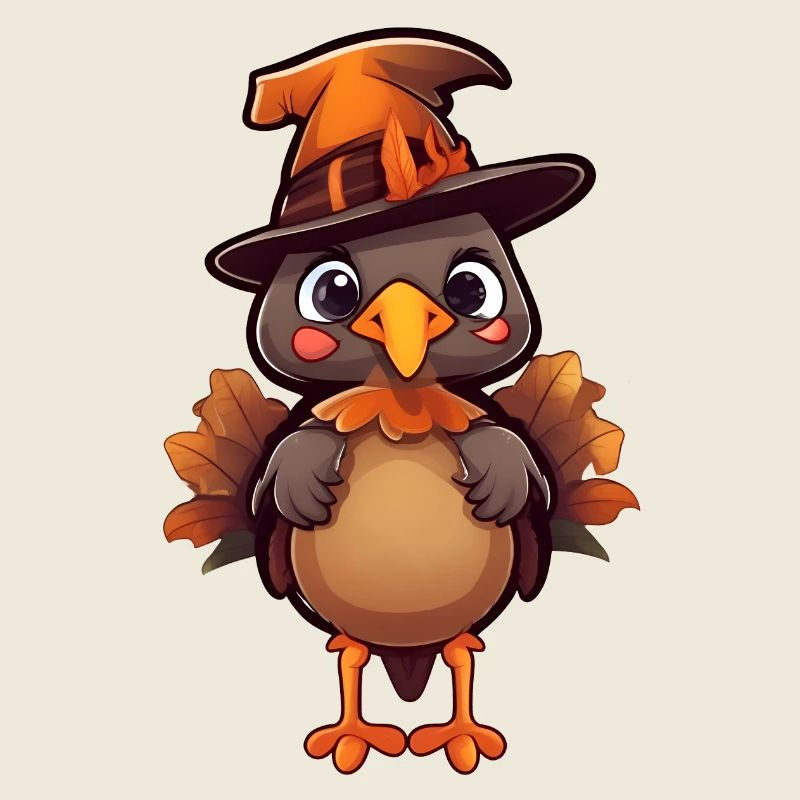 Cute Halloween turkey with witch hat.