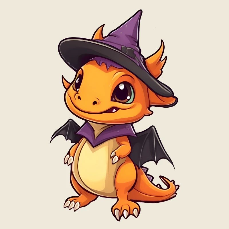 Mignon dragon d’Halloween avec chapeau de sorcière.