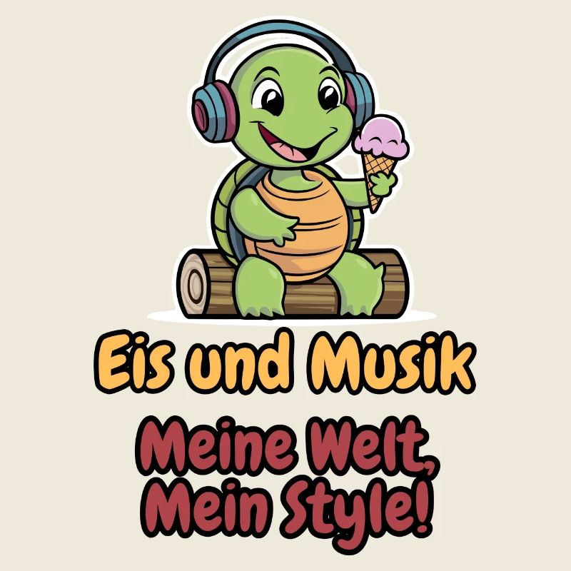 Schildkröte mit Kopfhörern und Eis in der Hand