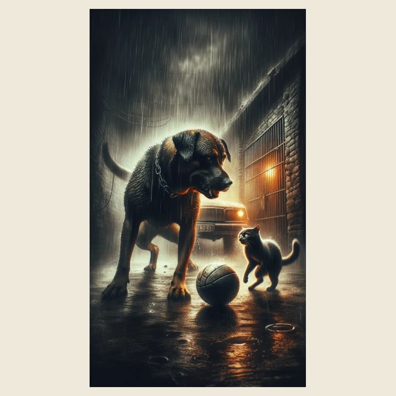 Chien et chat jouant avec un ballon