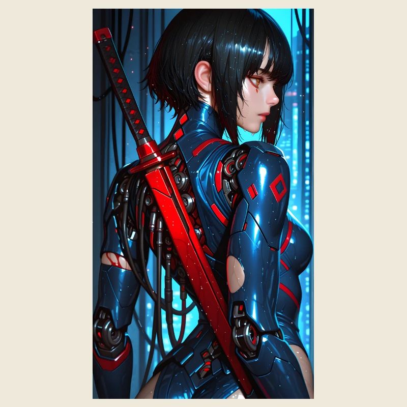 3D Blau/Rot Cyberpunk-Samurai-Kriegerin mit Katana