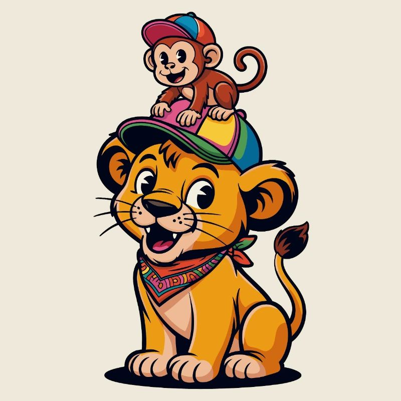 Süßer Löwe und Affe – Beste Freunde Cartoon Stil