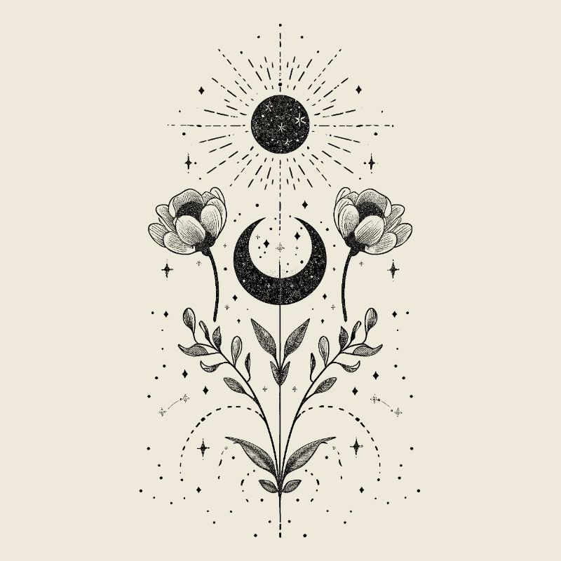 Boho Sonne und Mond mit floralen Elementen