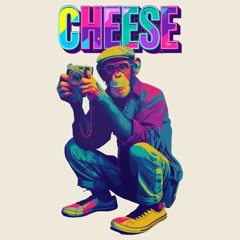 Cheese! Monkey with camera in neon pop art style