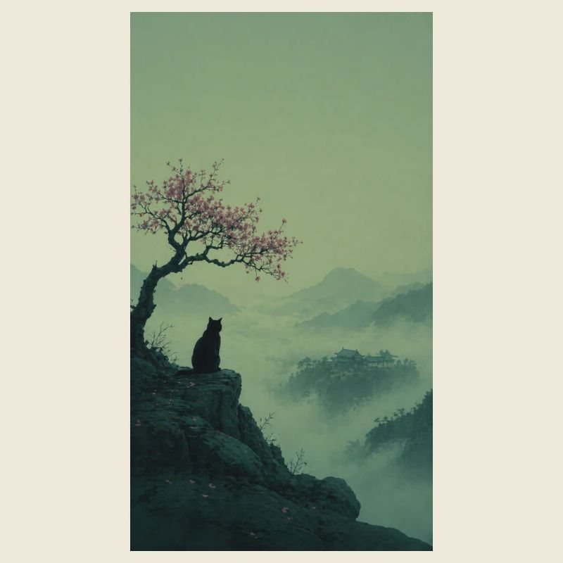 Schwarze Katze am Sakura-Baum – Asian Zen Design