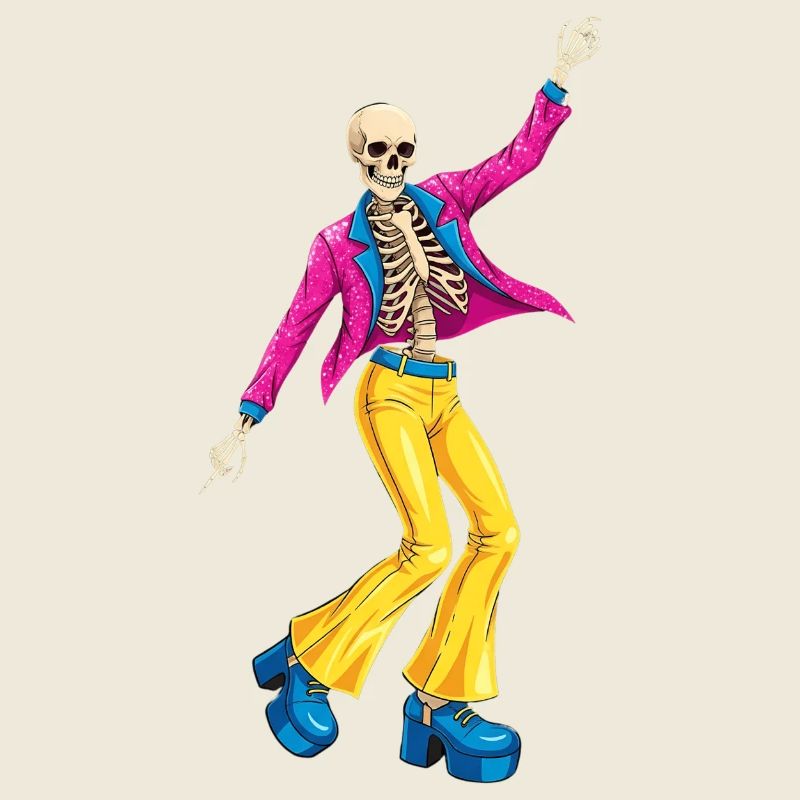 Dancing skeleton in 70s retro style